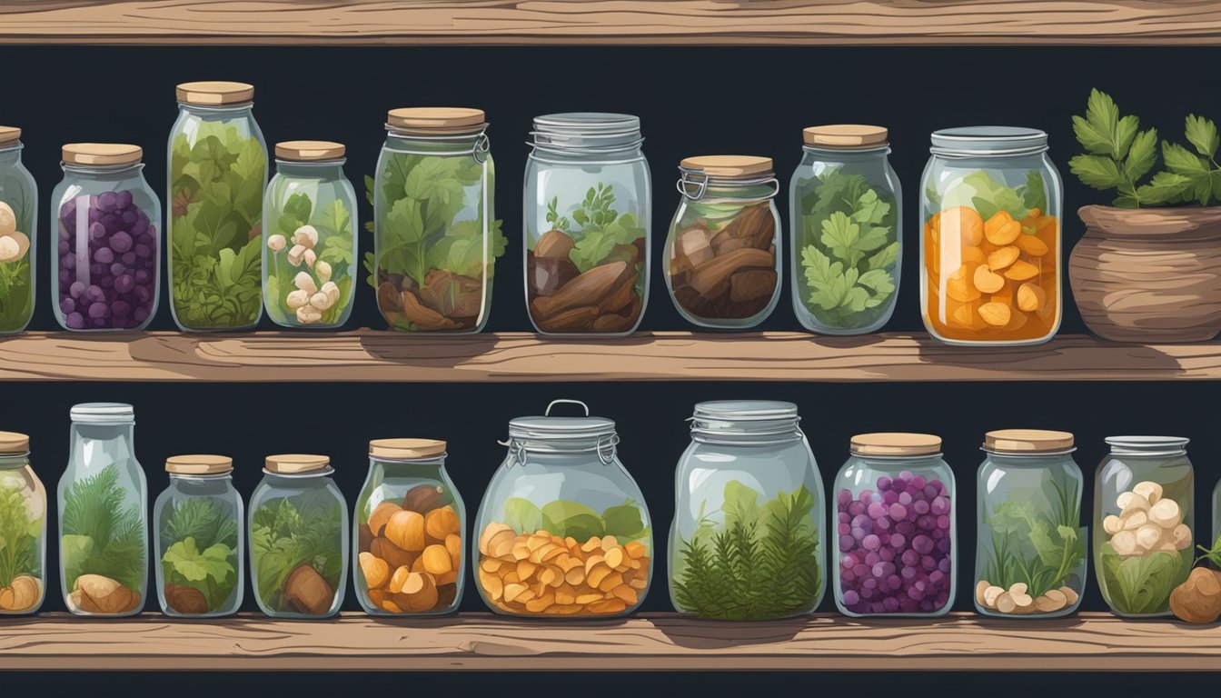 A forest floor scattered with wild mushrooms, herbs, and berries, surrounded by trees and plants. Jars of fermented foods sit on shelves in a rustic pantry