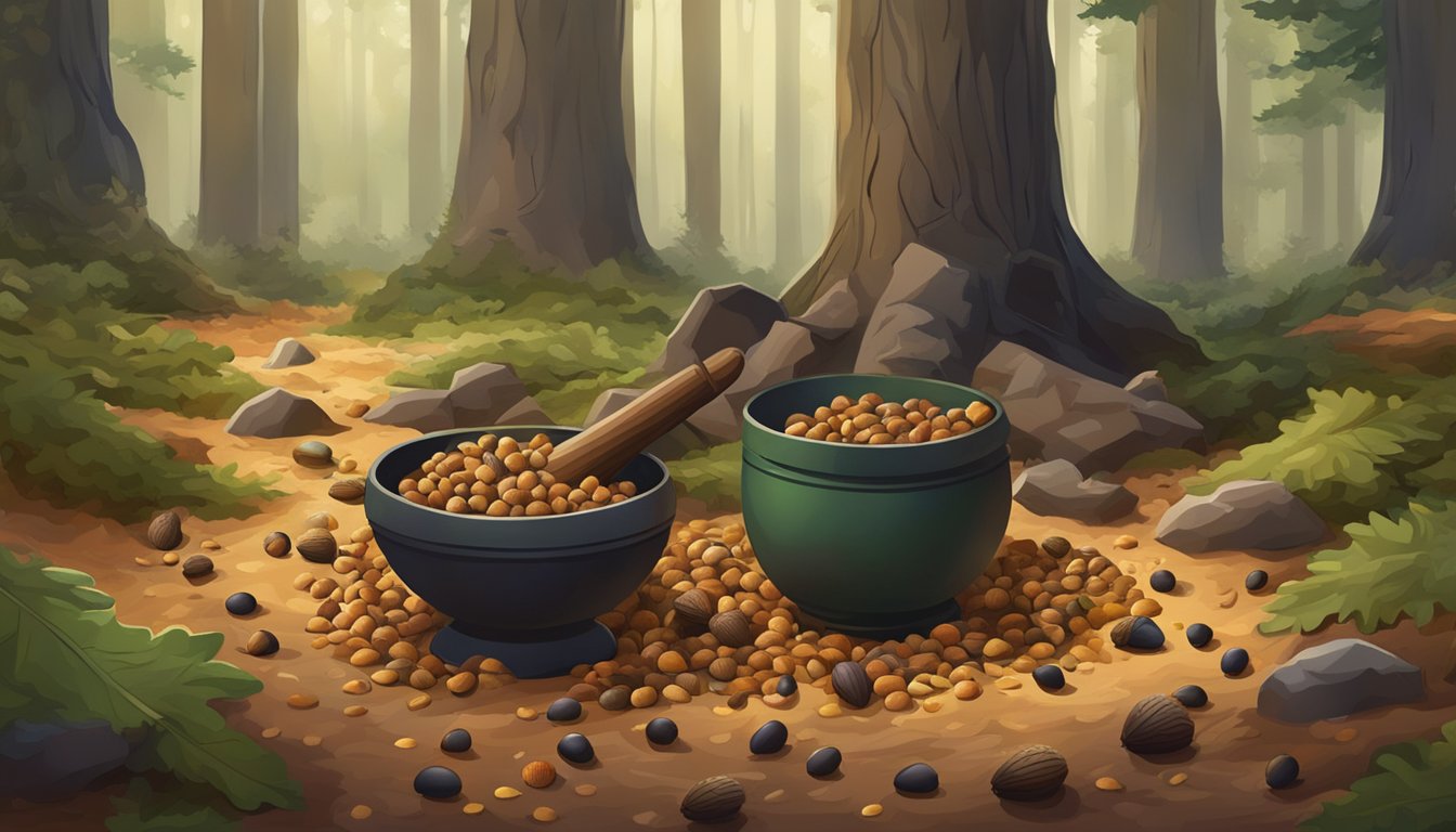 A forest floor scattered with fallen acorns, surrounded by towering oak trees, with a traditional mortar and pestle nearby for processing