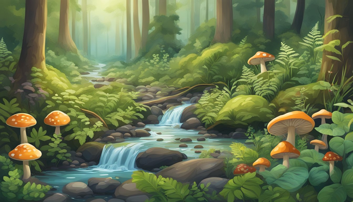 A lush forest floor with mushrooms, berries, and herbs. A bubbling stream winds through the scene, surrounded by ferns and wildflowers