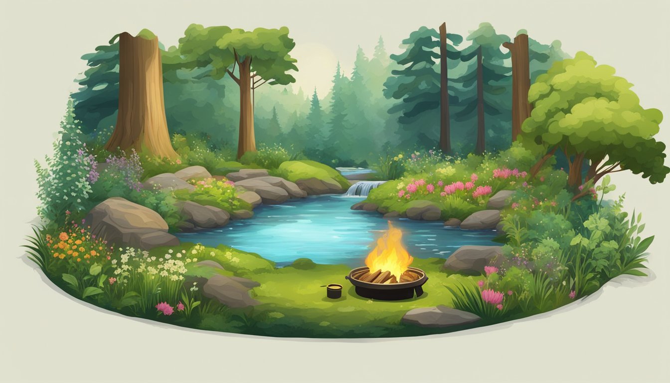 A lush forest clearing with a variety of wild plants and flowers, a bubbling stream, and a small fire pit for dyeing textiles