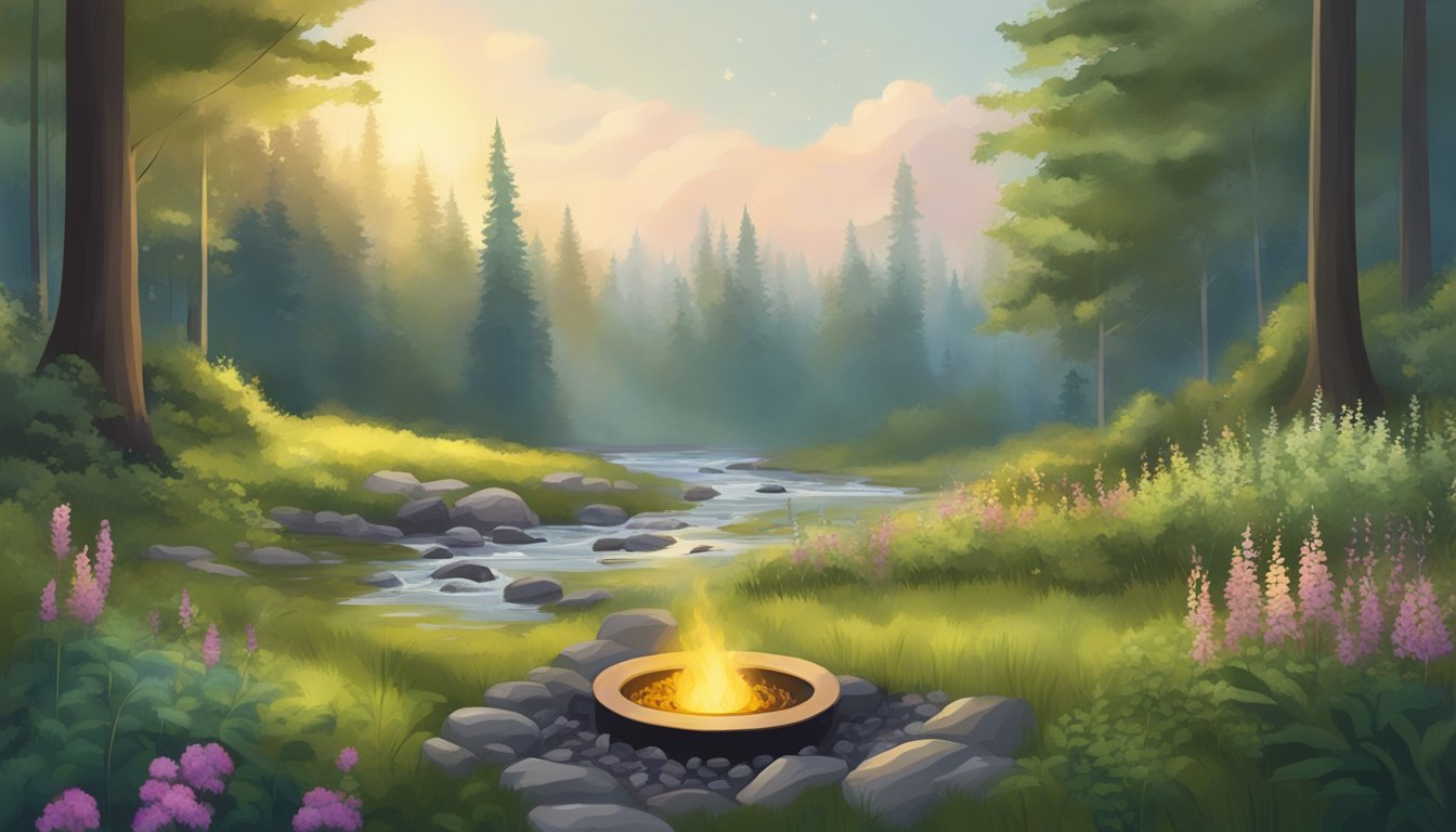 A serene forest clearing with an array of wild herbs and plants, a bubbling stream, and a small fire pit for brewing tea