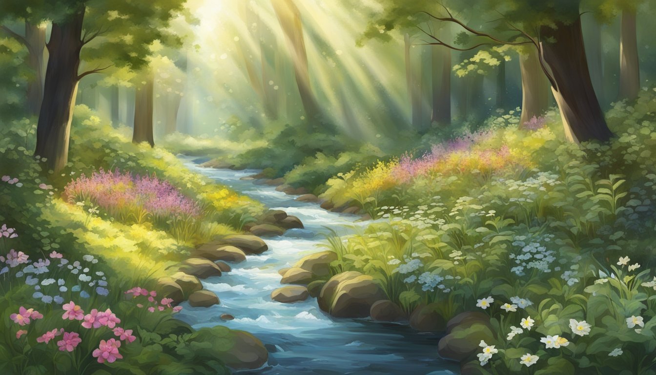 A serene forest clearing with a variety of wild herbs and flowers growing around a bubbling stream, surrounded by dappled sunlight filtering through the trees