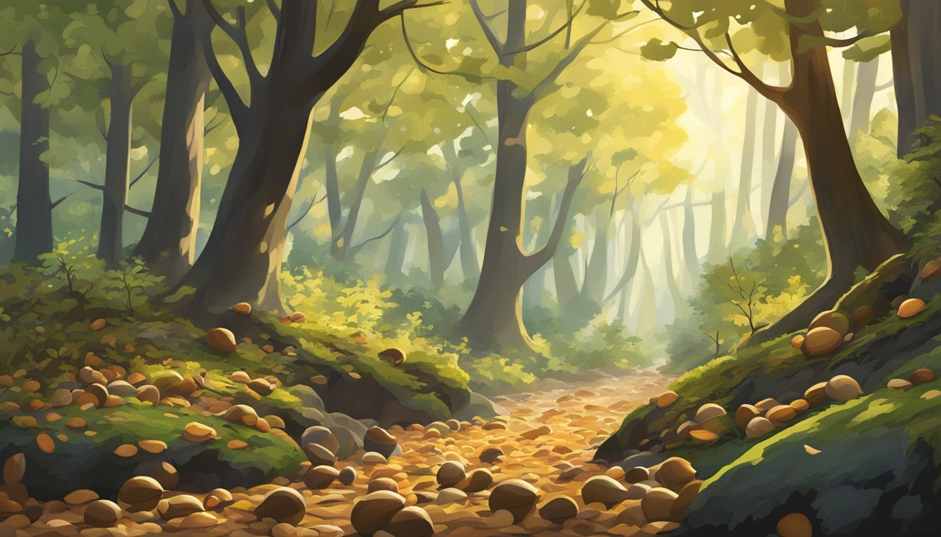 A forest floor covered in fallen acorns, surrounded by trees and wildlife. A stream trickles nearby, and the sun shines through the canopy above