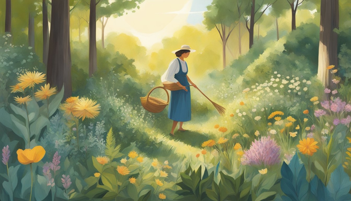 A figure gathers wild plants and flowers, carefully selecting and harvesting them for natural textile dyes. The scene is set in a peaceful, sun-dappled forest clearing