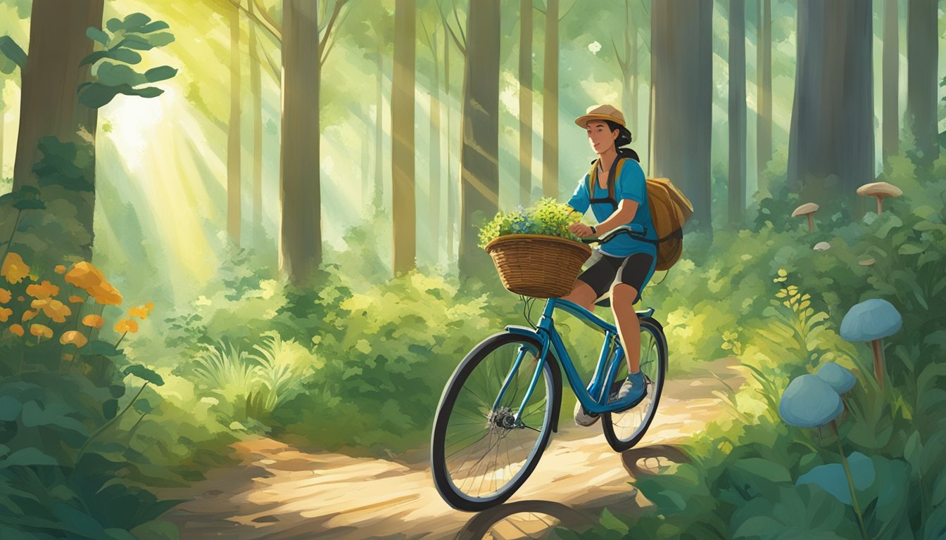 A person rides a bicycle through a lush forest, with a basket attached to the front filled with foraged wild plants and mushrooms. The sun shines through the trees, casting dappled light on the scene