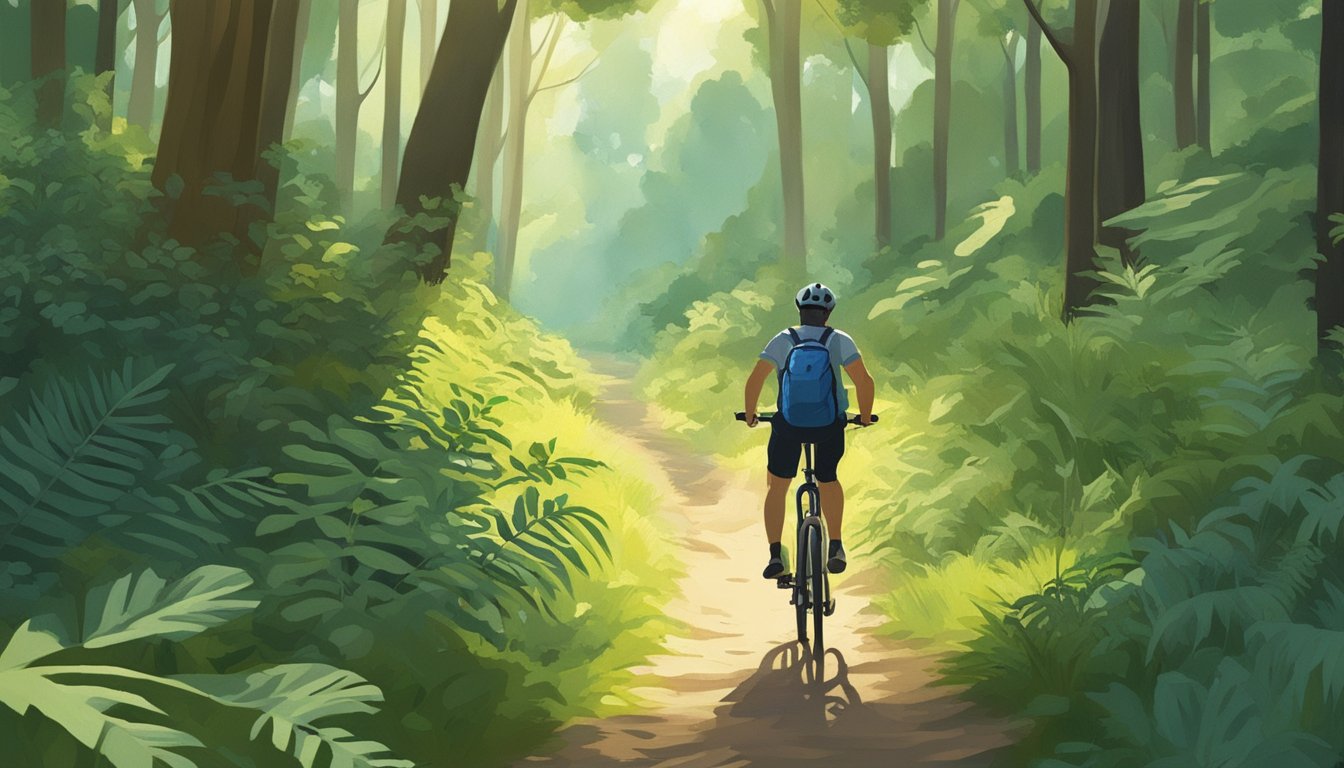 A person rides a bike through a lush forest, with a basket filled with foraging tools and wild plants. The sun filters through the trees, casting dappled light on the scene