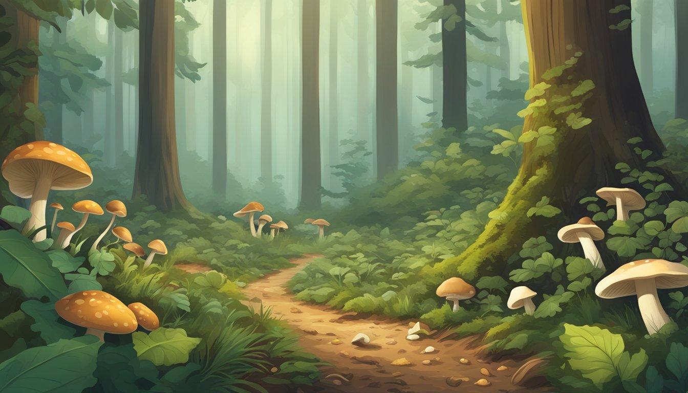 A lush forest floor with various mushrooms, some poisonous and some edible, scattered among the underbrush and fallen leaves