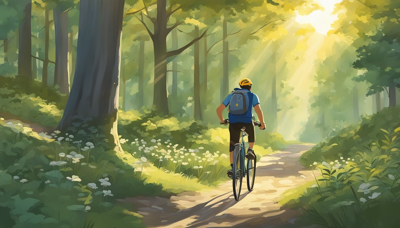 A person on a bike navigates a forest path, gathering wild plants and mushrooms in a basket attached to the handlebars. The sun shines through the trees, casting dappled light on the scene