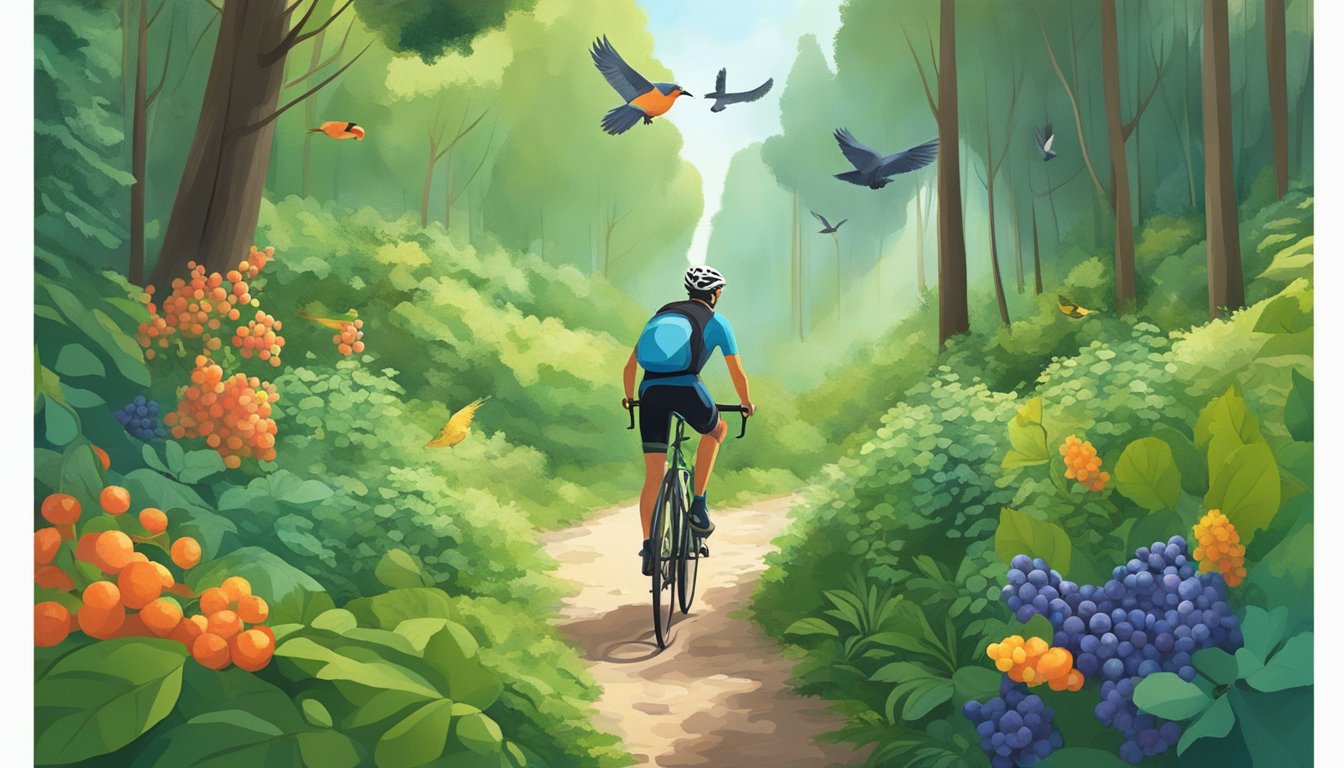 A cyclist rides through a lush forest, picking wild berries and herbs while surrounded by towering trees and chirping birds