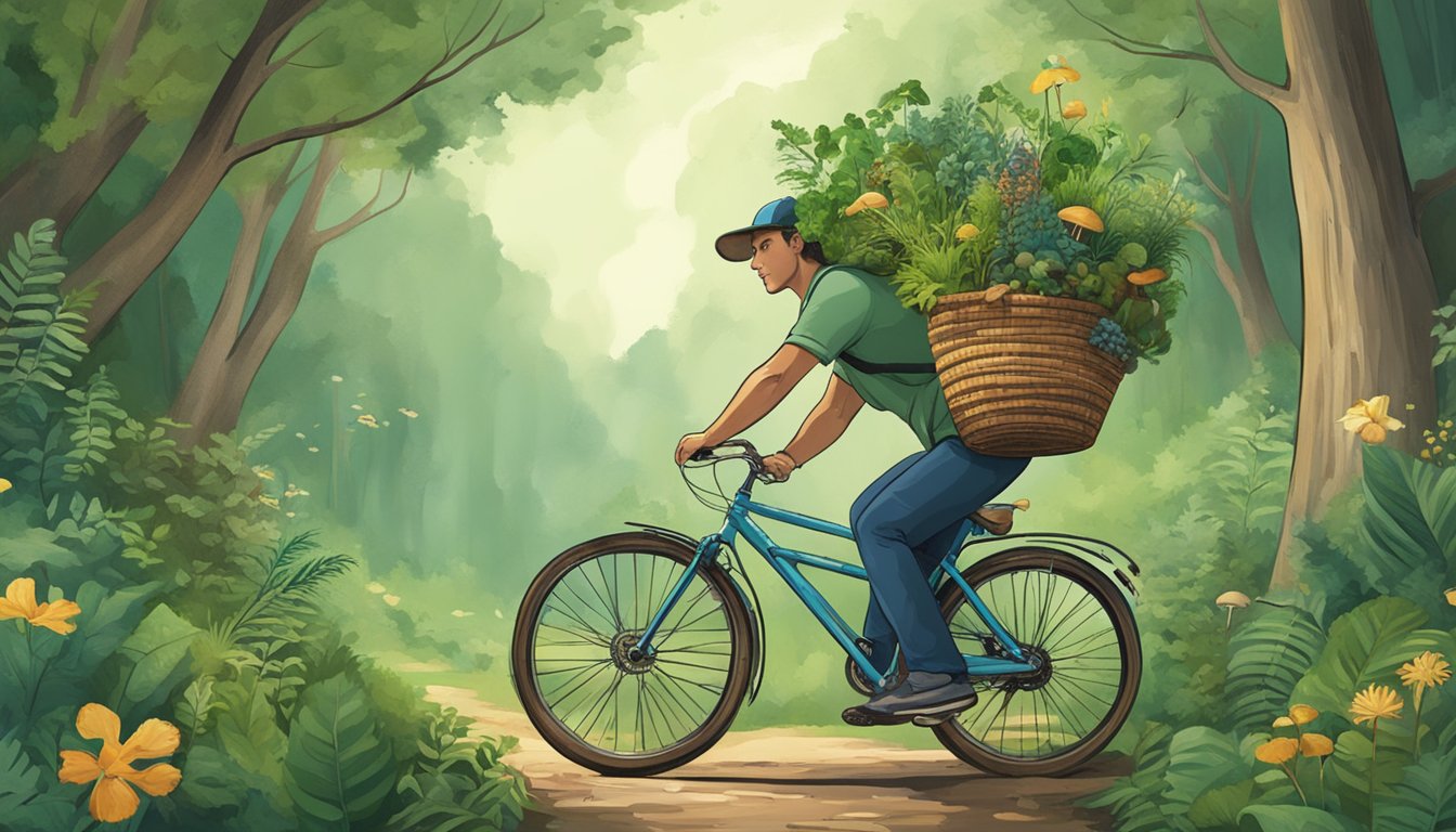 A person riding a bicycle through a lush forest, with baskets filled with wild plants and mushrooms hanging from the handlebars