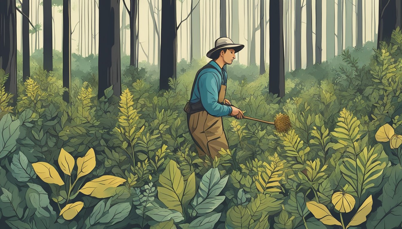 A person harvesting wild plants in a forest, carefully selecting and collecting only what is allowed by federal regulations