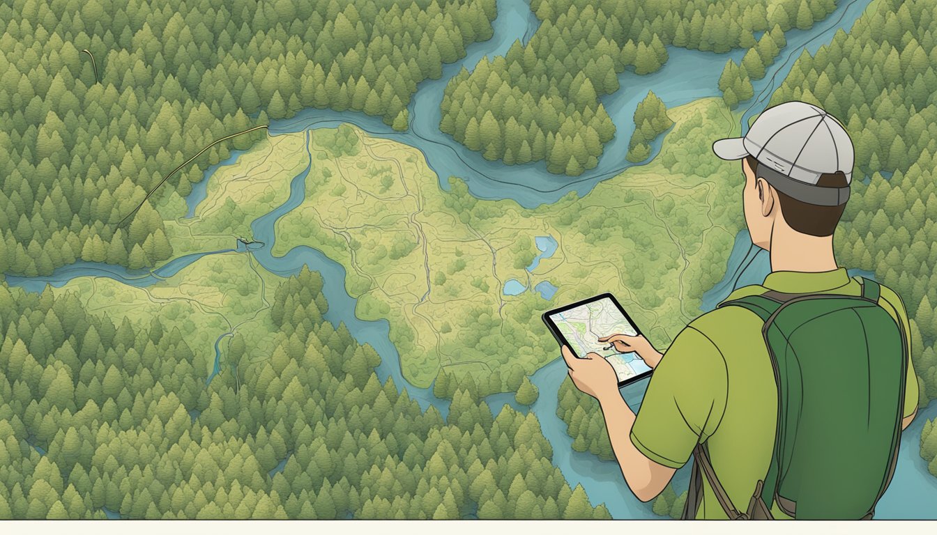 A forager uses a GPS device to navigate through a forest, while referencing a digital map of federal lands and regulations on their tablet