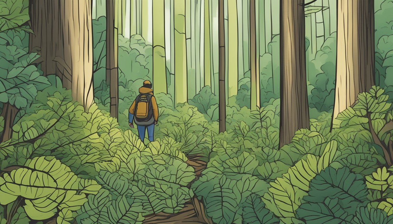 A figure navigating through a forest, identifying edible plants and avoiding restricted areas on federal lands