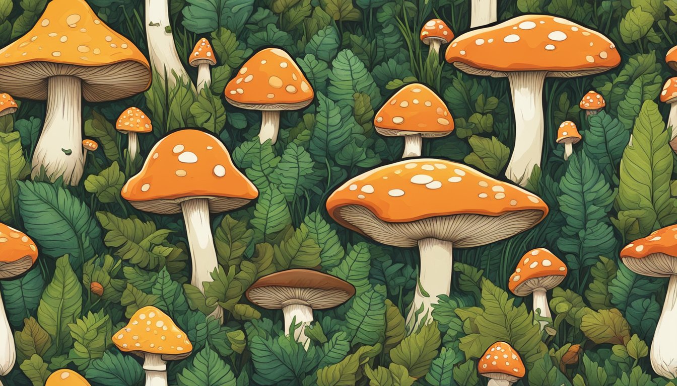 A lush forest floor with vibrant, non-poisonous mushrooms surrounded by their deadly doppelgangers. Clear visual differences are evident between the safe and toxic varieties