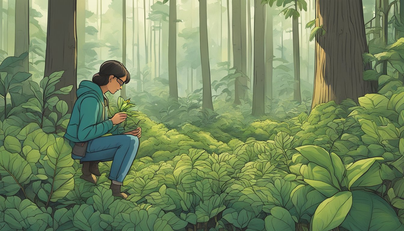 A person carefully examines two similar-looking plants in a forest, one safe to forage and the other poisonous. The surroundings are lush and filled with various plant species