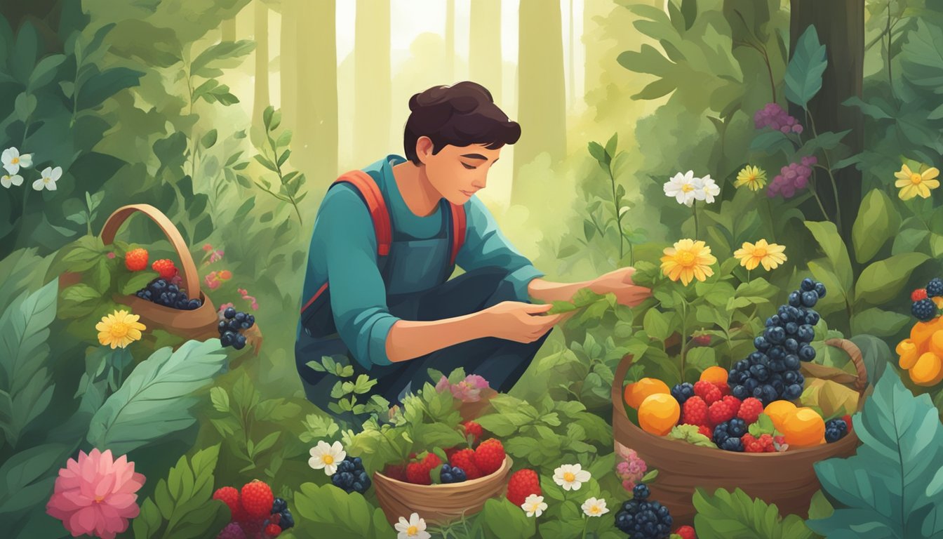 A person gathers wild ingredients like berries, herbs, and flowers in a forest clearing, surrounded by trees and plants