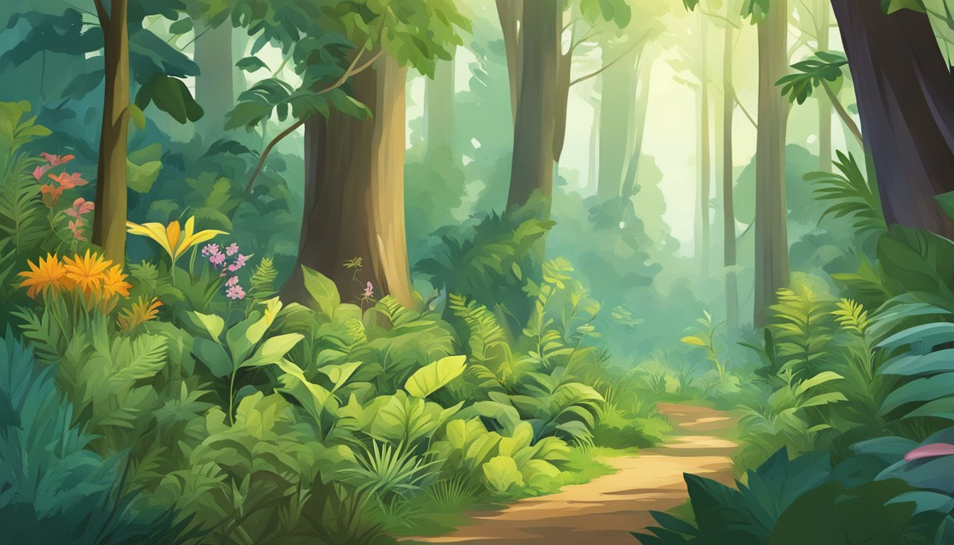 A lush forest with diverse flora and fauna, a forager carefully harvesting plants while leaving the ecosystem undisturbed