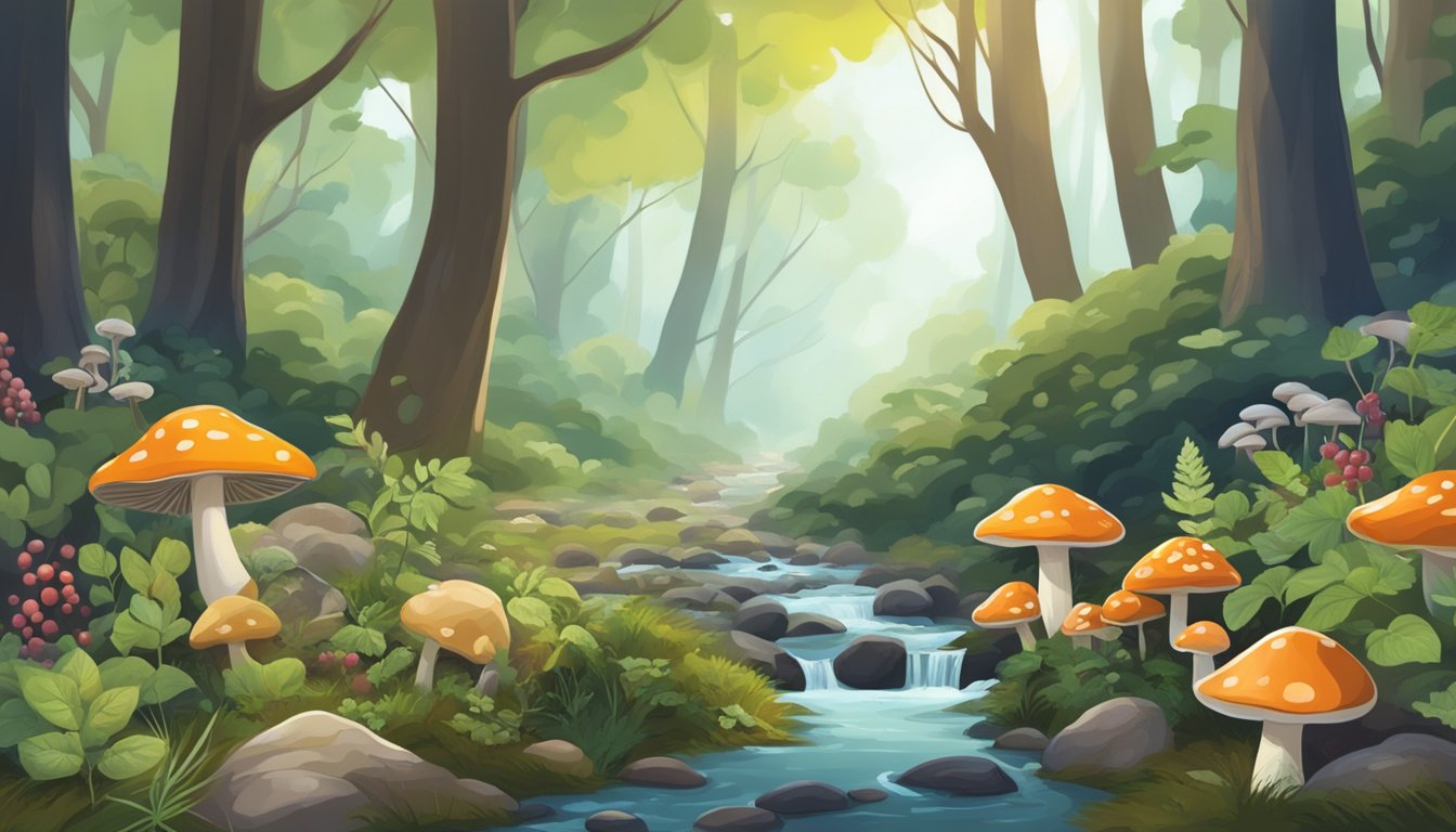 A forest floor with mushrooms, berries, and herbs. A stream flows nearby, and birds and small animals are seen in the distance