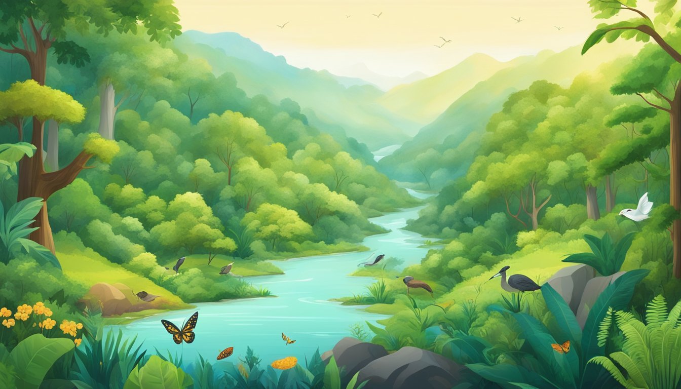 A lush forest with diverse plant life, a flowing river, and a clear sky. Various animals and insects are present, showcasing the interconnectedness of nature