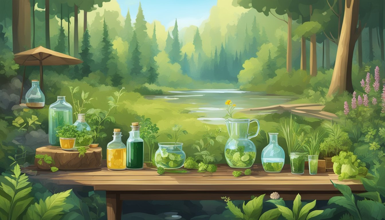 A lush forest clearing with an array of wild plants and herbs, a bubbling stream, and a rustic table with bottles and ingredients for cocktail making