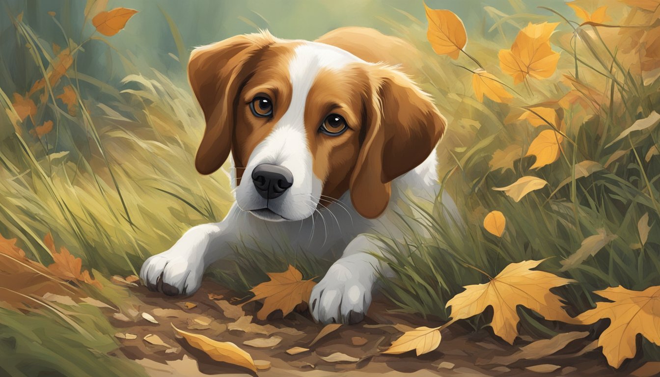 A dog sniffs and digs through a patch of wild grass, searching for hidden treasures. Fallen leaves and twigs scatter around as the canine forager explores the natural surroundings