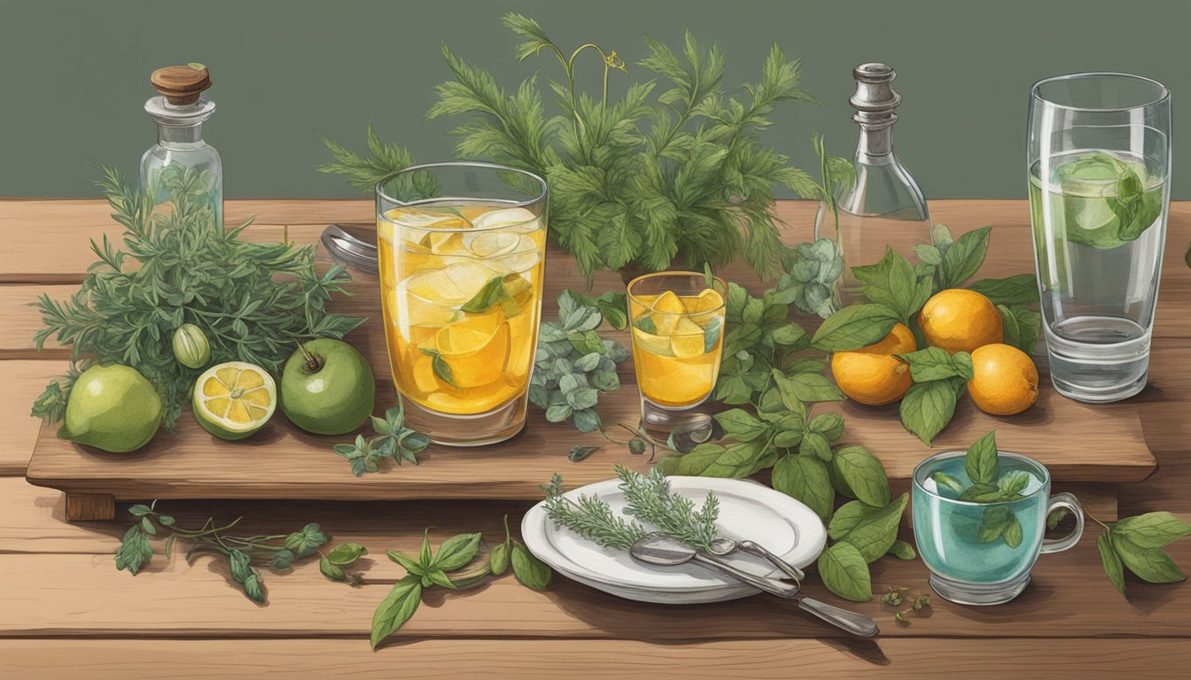 A wooden table set with foraged herbs, fruits, and botanicals, alongside vintage glassware and cocktail tools