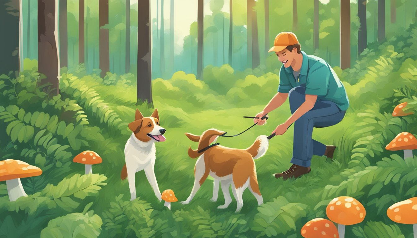 A happy dog sniffs and digs in a lush, green forest, uncovering wild berries and mushrooms while their owner looks on with a smile