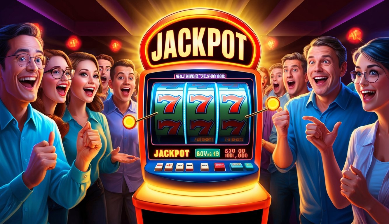 Sebuah mesin slot jackpot yang bersinar dikelilingi oleh penonton yang bersemangat