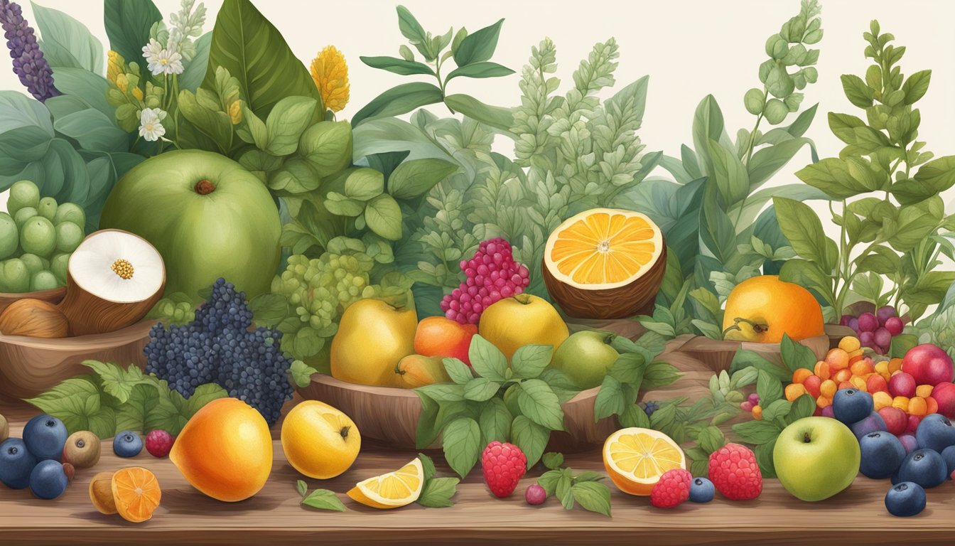 A group of diverse wild plants and herbs arranged on a wooden table, with a variety of colorful fruits and flowers scattered around