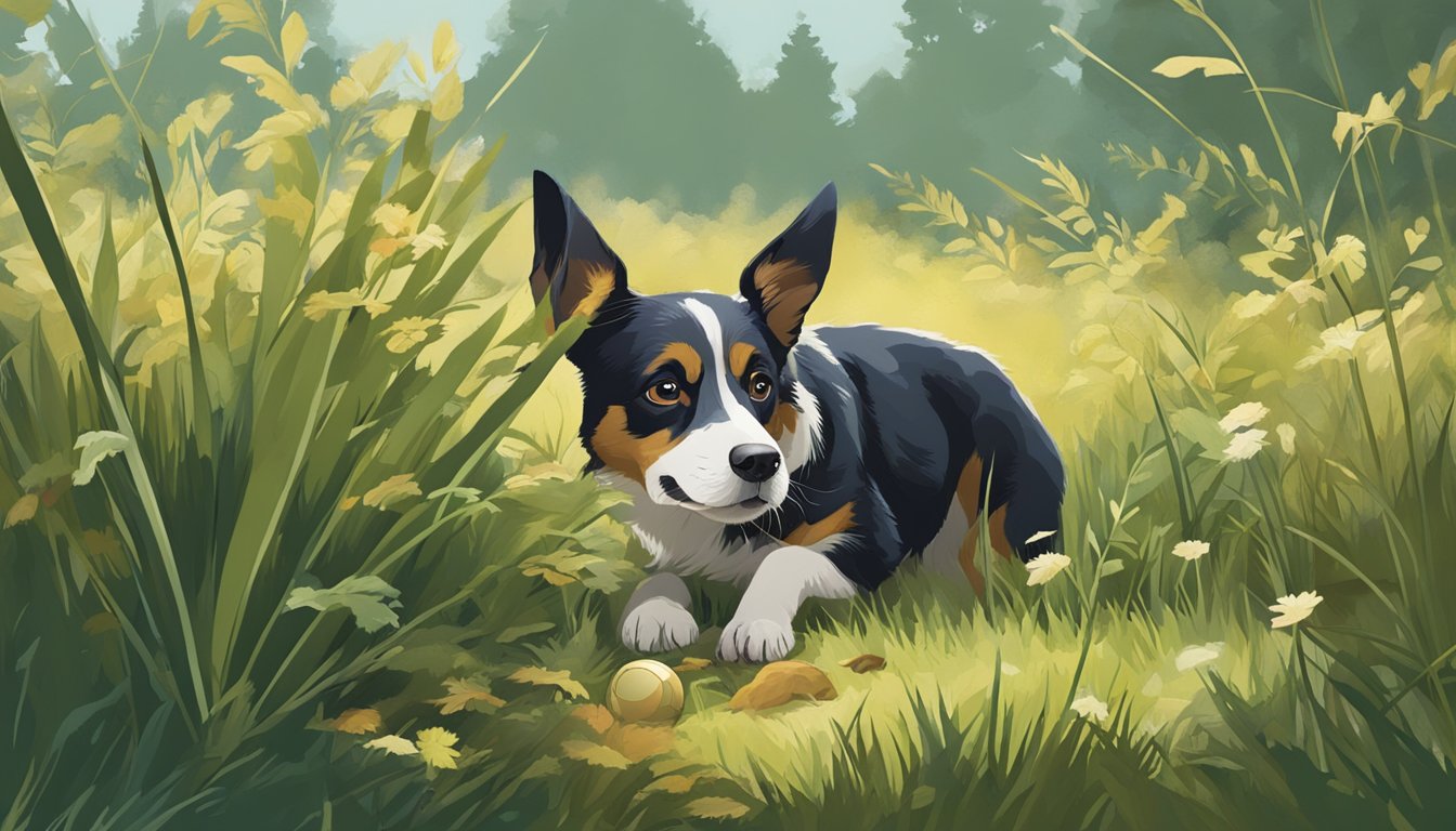 A dog sniffs and digs through a patch of tall grass, uncovering hidden treats and toys scattered among the foliage