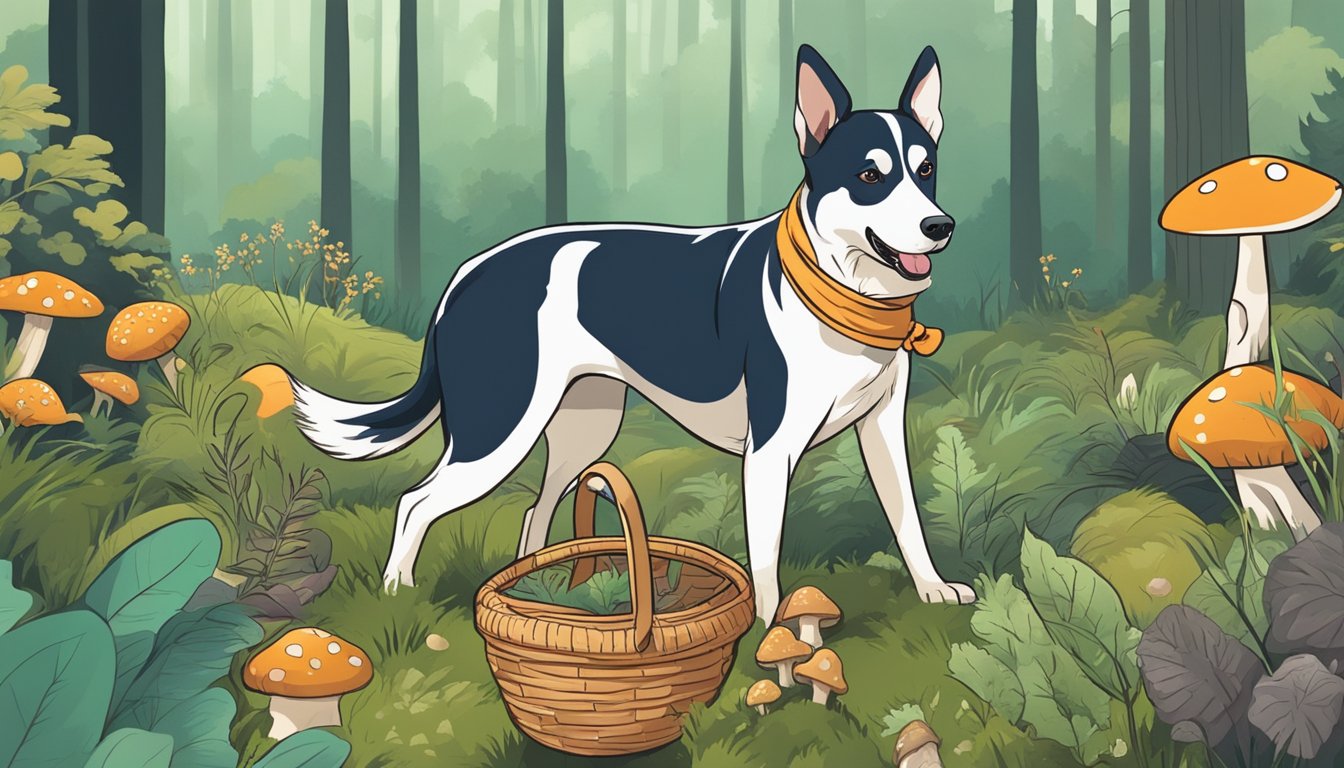 A dog with a bandana sniffs around a forest floor, surrounded by wild plants and mushrooms. The dog's owner watches attentively, holding a basket