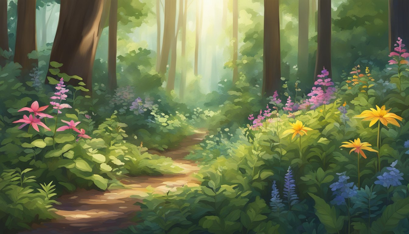 A lush forest floor with vibrant wildflowers and herbs, surrounded by towering trees and dappled sunlight filtering through the leaves