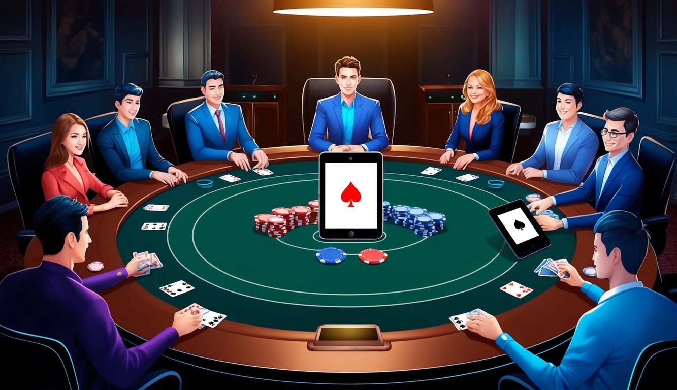 Sebuah meja poker dengan kartu, chip, dan perangkat digital, dikelilingi oleh sekelompok pemain di ruangan yang redup.