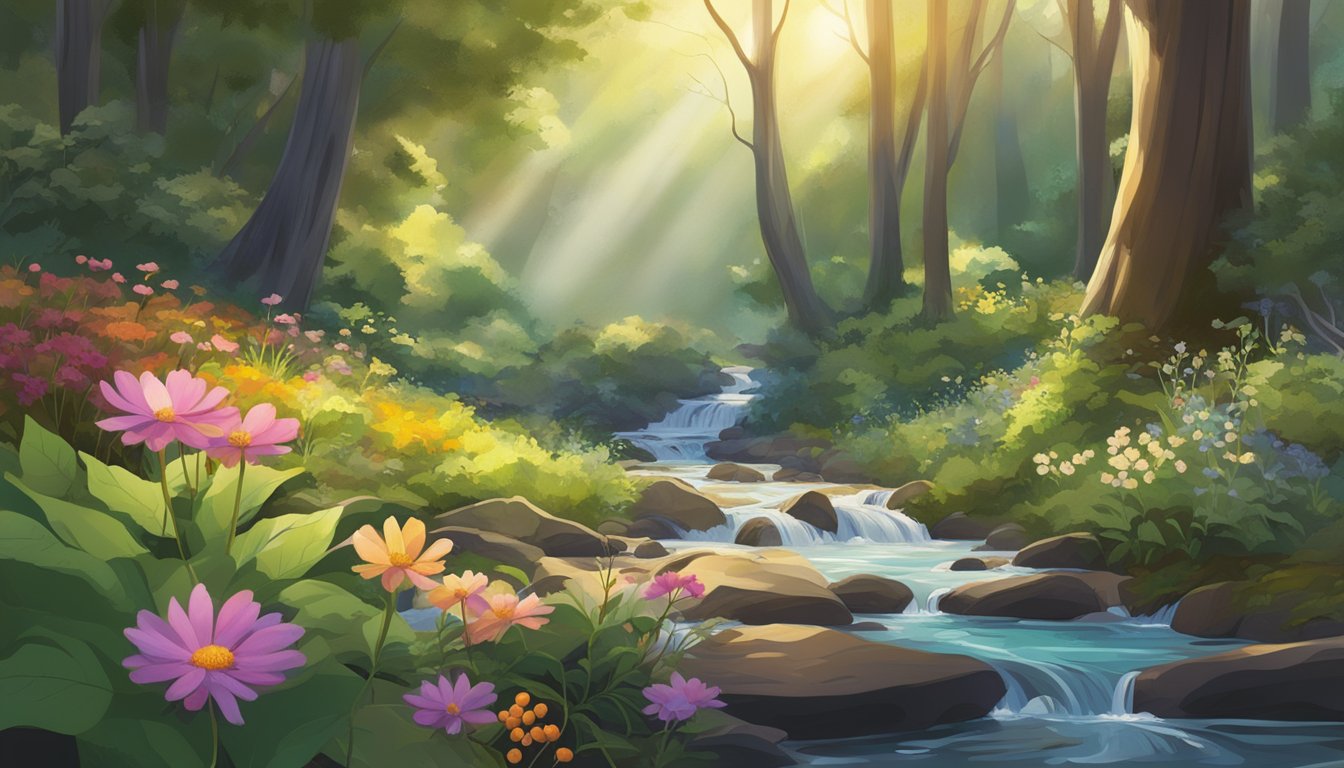 A lush forest floor with vibrant wildflowers, herbs, and berries. A bubbling stream winds through the scene, with sunlight filtering through the canopy above