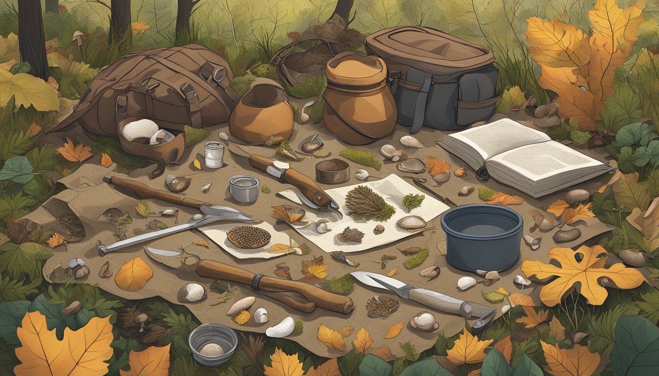 A forager's kit laid out on a grassy forest floor, surrounded by fallen leaves, mushrooms, and various plant specimens