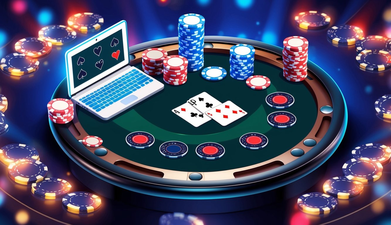 Meja poker dengan kartu, chip, dan komputer, dikelilingi oleh latar belakang kasino virtual