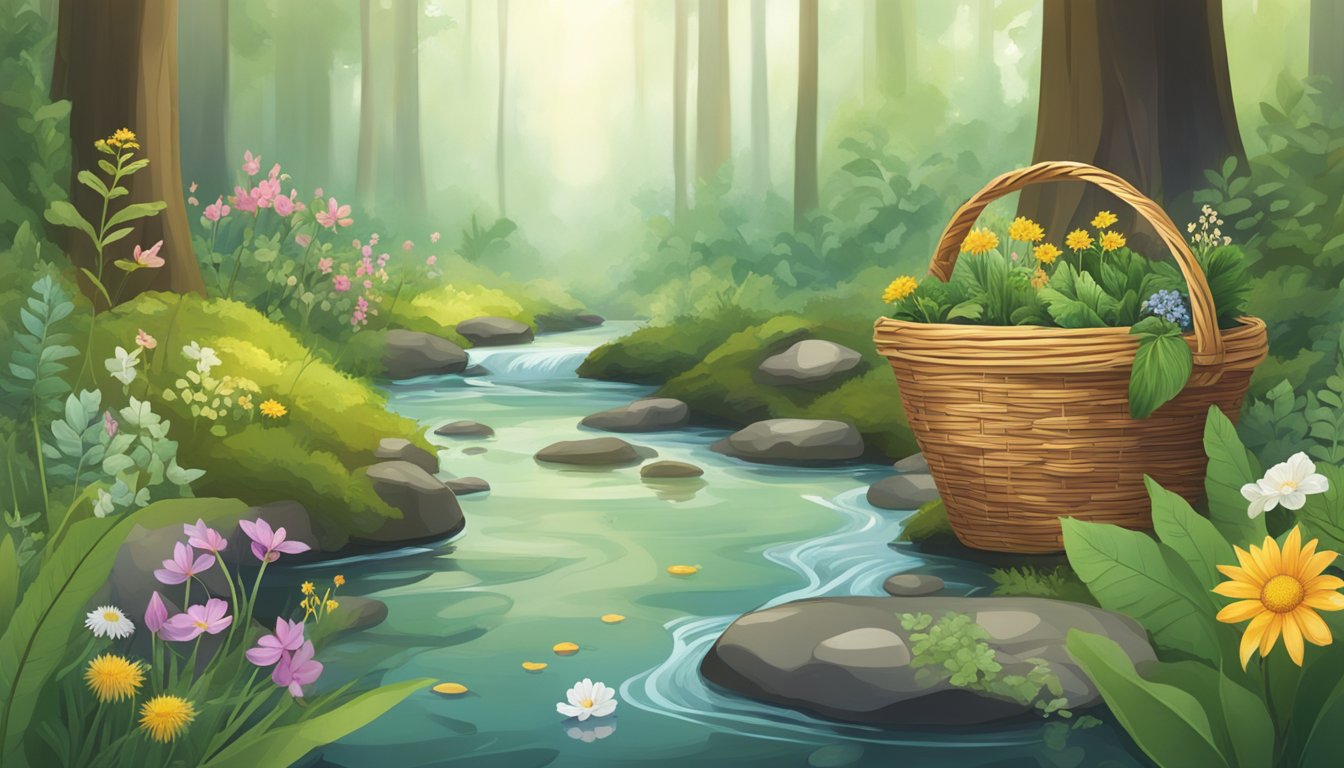 A lush forest floor with various wild plants and flowers, a clear stream, and a small basket filled with foraged ingredients for skincare