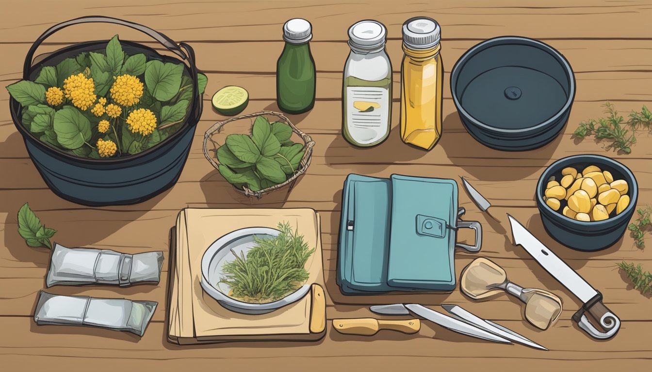 A forager's field kit laid out on a wooden table, including a knife, basket, field guide, and small containers for collecting and preserving wild edibles