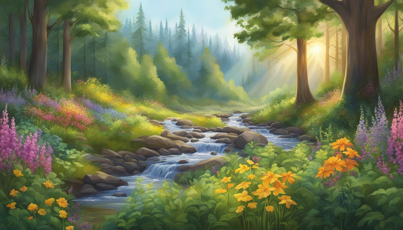 A lush forest clearing with colorful wildflowers, herbs, and berries. A bubbling stream flows through the scene, surrounded by vibrant green foliage and sunlight filtering through the trees