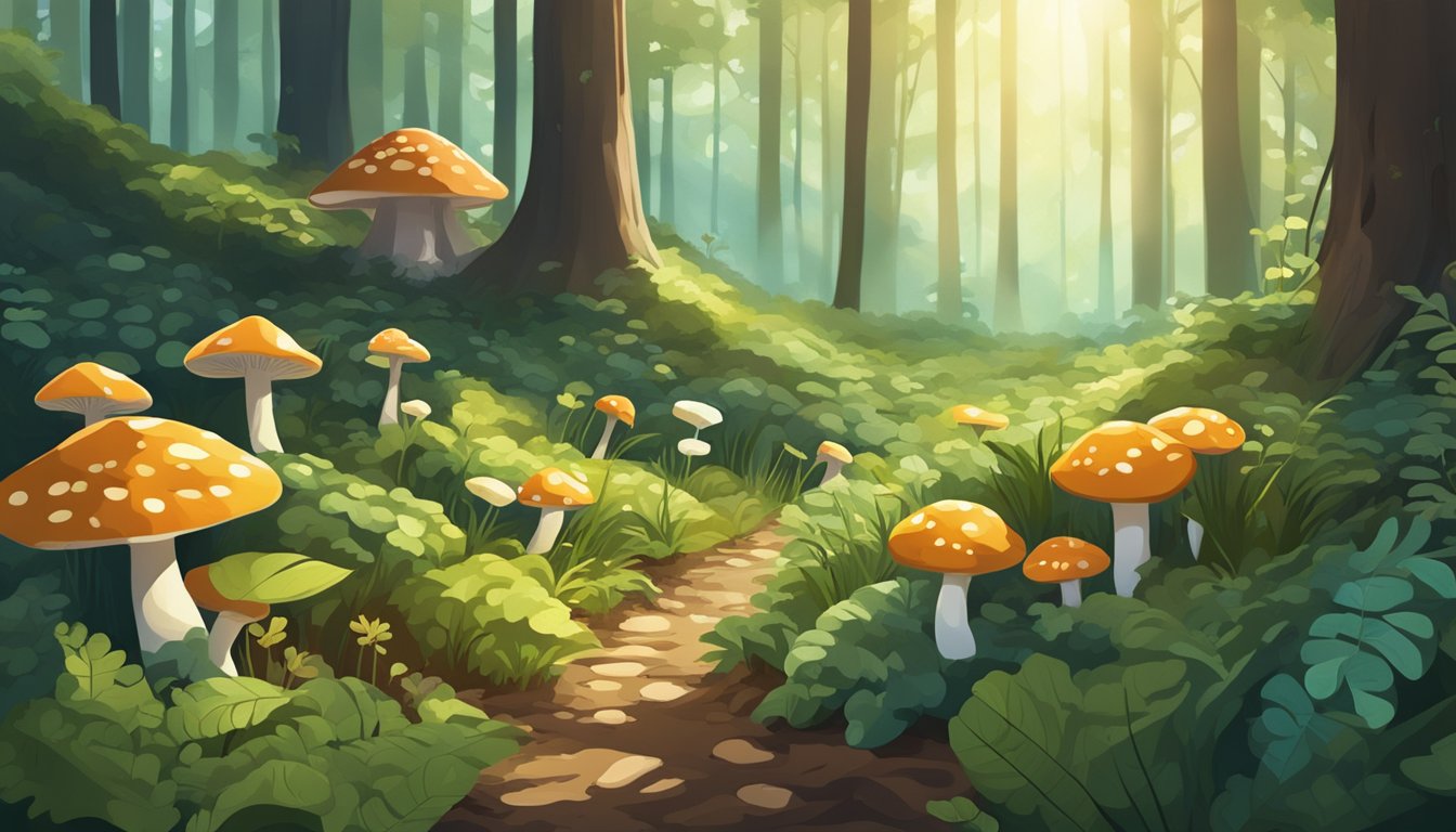 A lush forest floor with diverse plant life, mushrooms, and rich soil. Sunlight filters through the canopy, creating dappled patterns on the ground