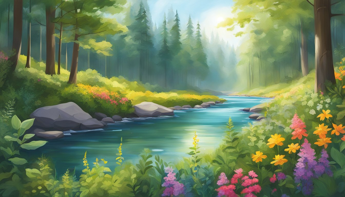 A lush forest with vibrant wildflowers, herbs, and berries, surrounded by a clear stream and sunlight filtering through the trees