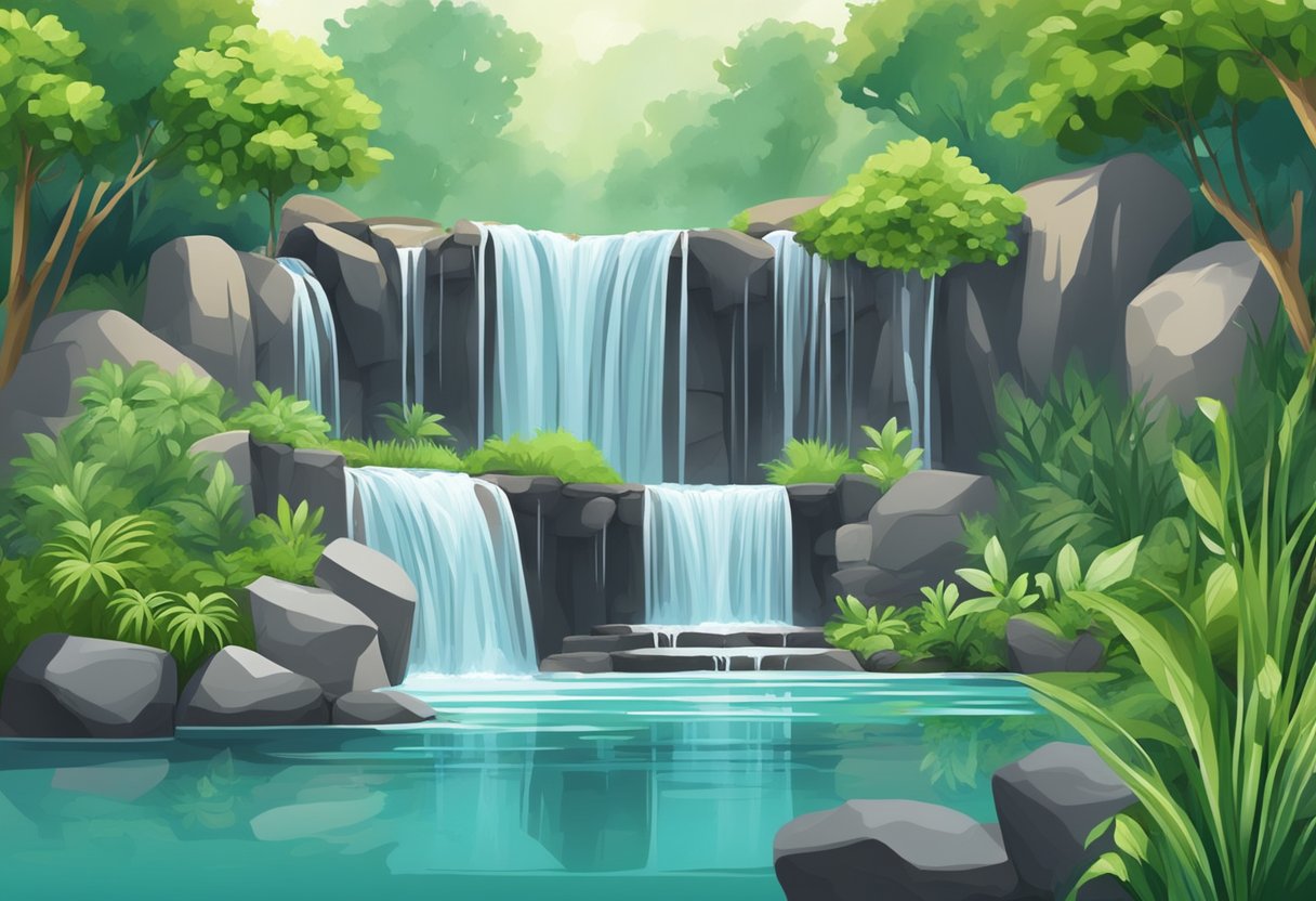 A cascading waterfall spills into a pond, surrounded by lush greenery and rocks. The water flows through a biofalls system, aerating and filtering the pond