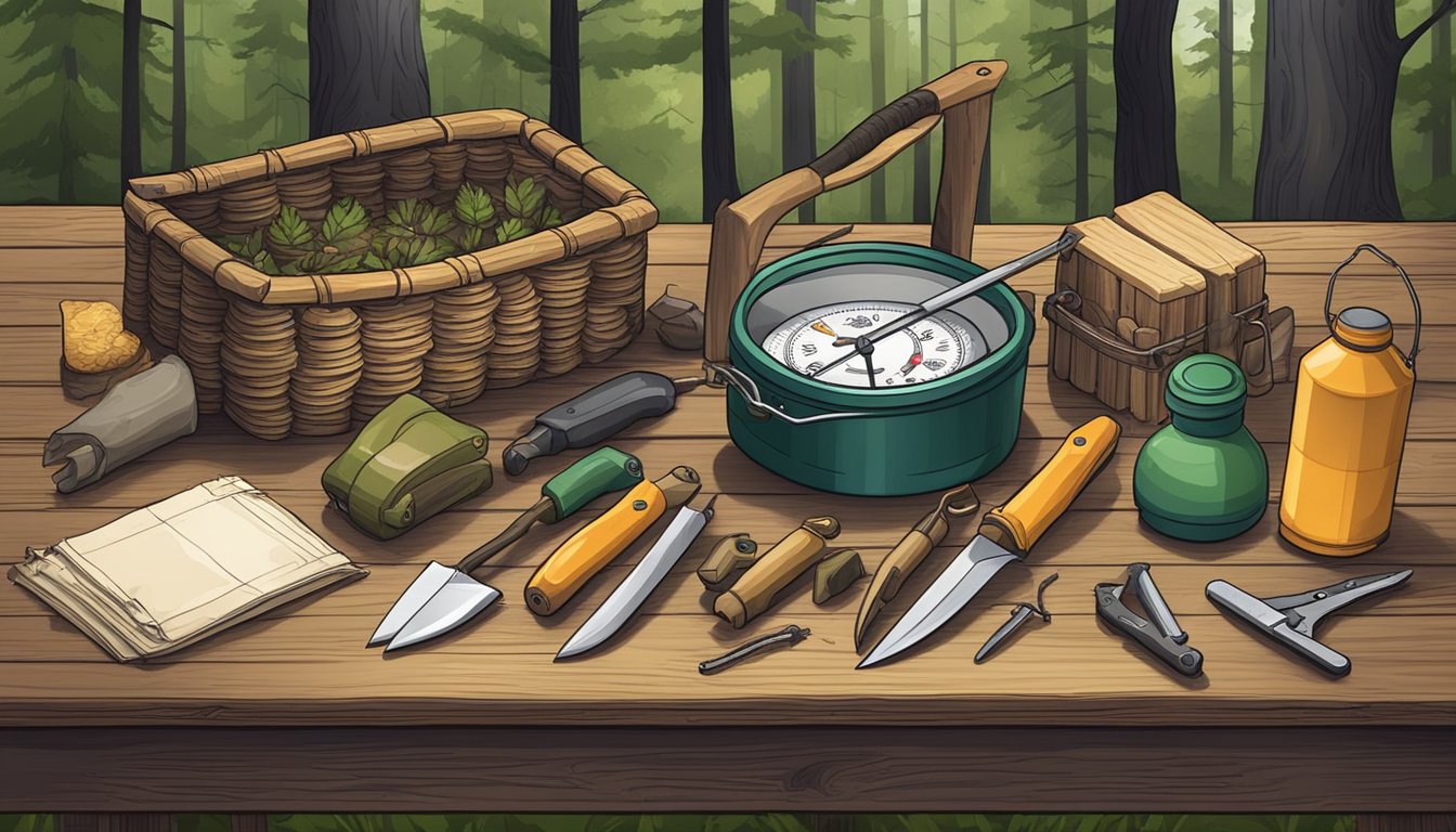 A forest clearing with a collection of tools and equipment laid out on a wooden table, including a knife, compass, fire starter, and foraging basket