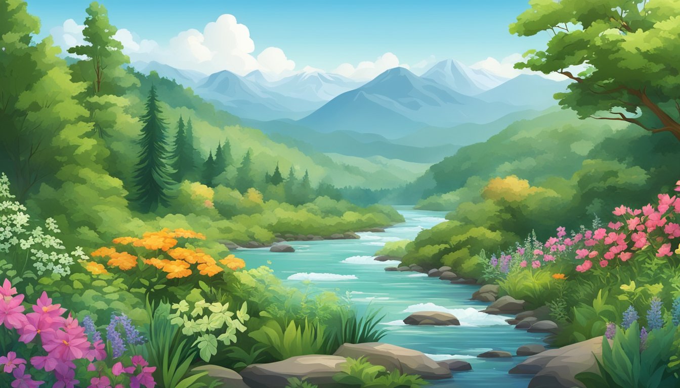 A lush forest with diverse flora, including herbs and flowers, surrounded by a flowing river and mountains in the background