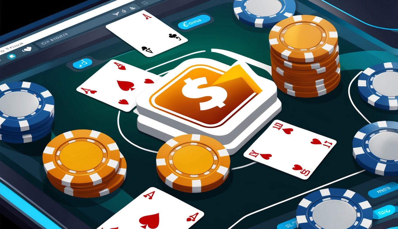 Sekelompok chip poker dan kartu dikelilingi oleh antarmuka digital dengan simbol "bonus" yang mencolok