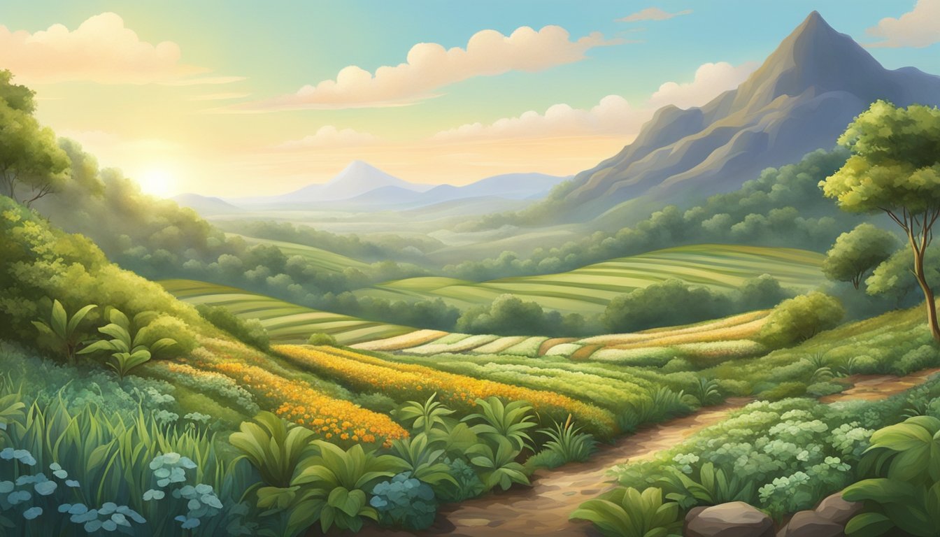 A diverse landscape with rich soil, lush vegetation, and various foraging opportunities. The scene depicts a harmonious relationship between the land and those who seek to understand and utilize its resources