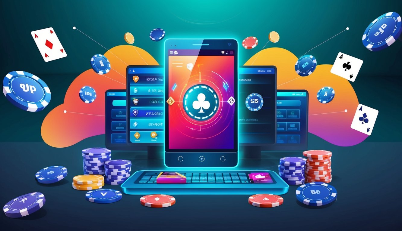 Sebuah server poker online yang hidup, dikelilingi oleh kartu dan chip digital, dengan antarmuka yang ramping dan modern