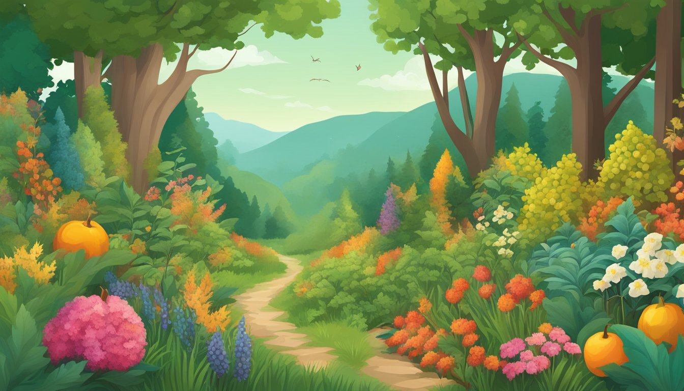 A lush forest with changing foliage, ripe fruits, and blooming flowers, showcasing the different seasons for foraging