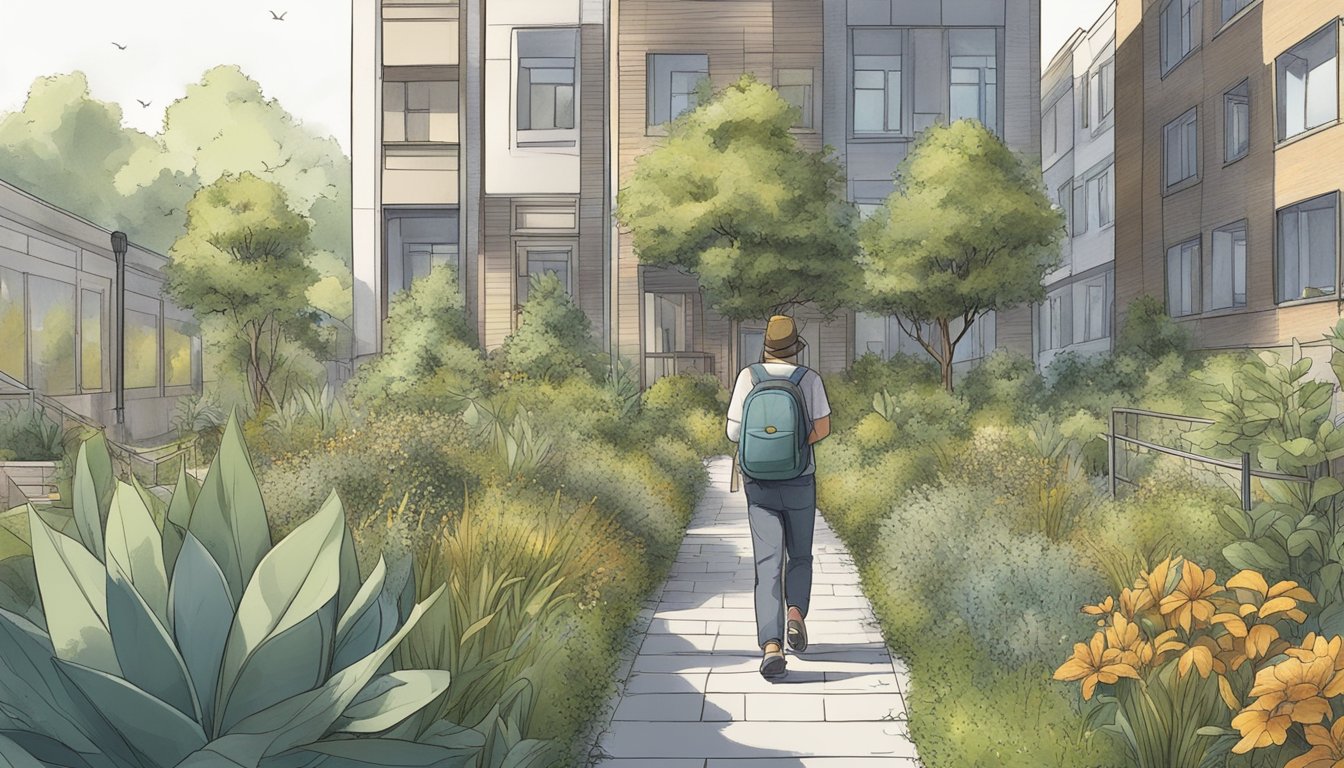 A person gathering wild plants in an urban setting, being mindful of property boundaries and interacting respectfully with passersby