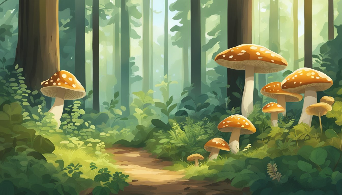 A lush forest floor with mushrooms, berries, and wild herbs in various stages of growth, surrounded by tall trees and dappled sunlight